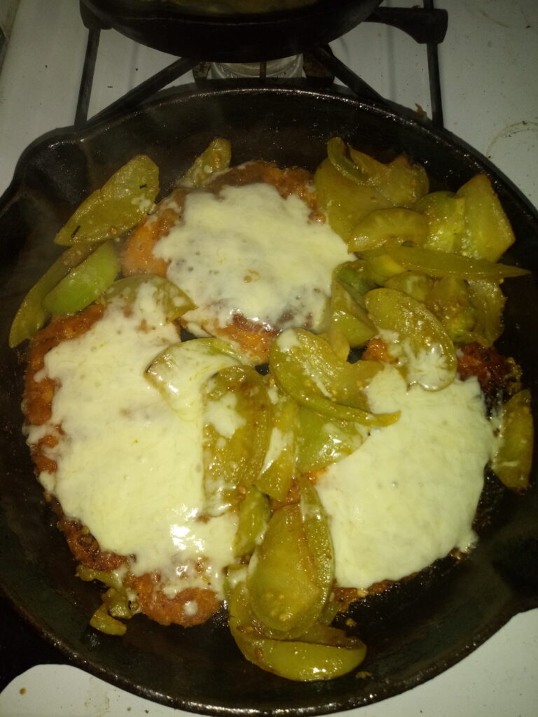 Cast Iron Breaded Chicken Patties with Pan Fried Green Tomatoes